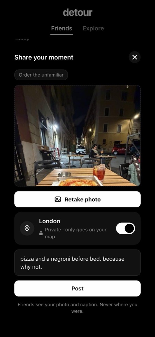 The Share your moment screen in the Detour app with a photo of pizza and a negroni